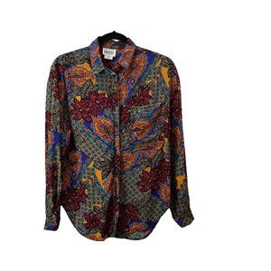 Vintage Leslie Fay Paisley Button Up Long Sleeve Top Multicolor Womens Size 8